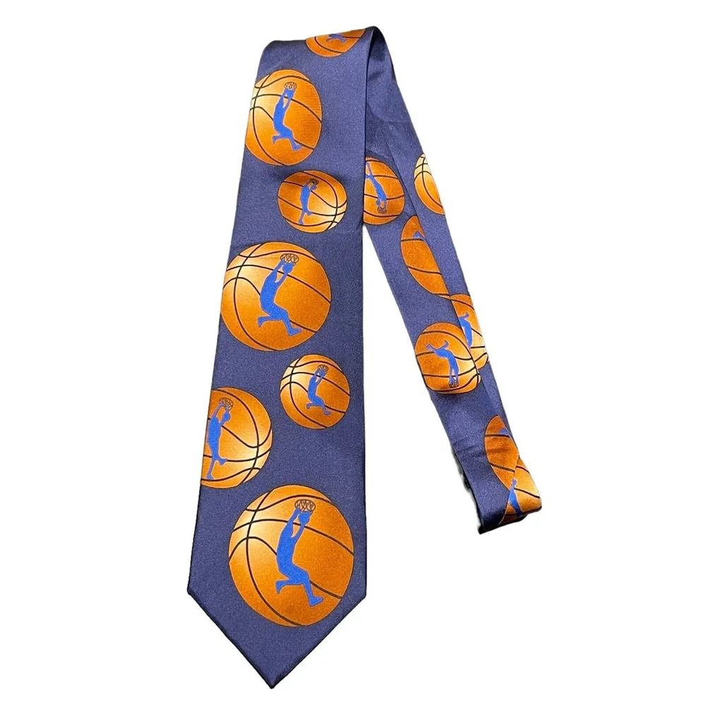 Wild Ties Mens Basketball Themed Tie 100% Silk Hand Made Dark Blue One Size EUC‎